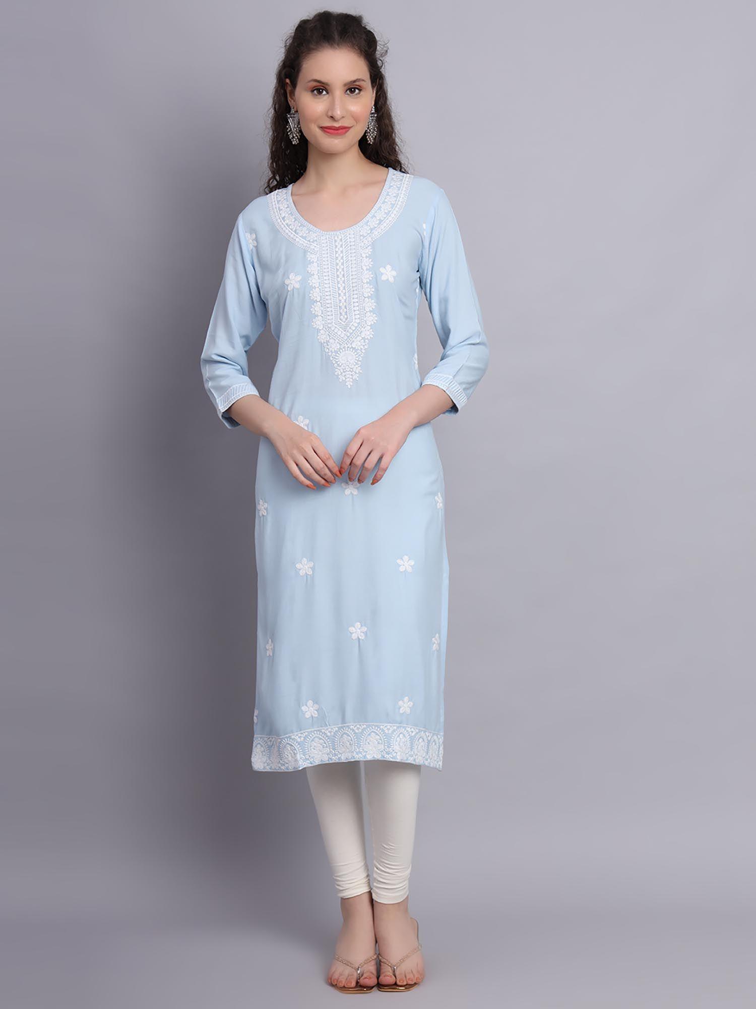 blue rayon lucknowi chikankari work straigh kurta