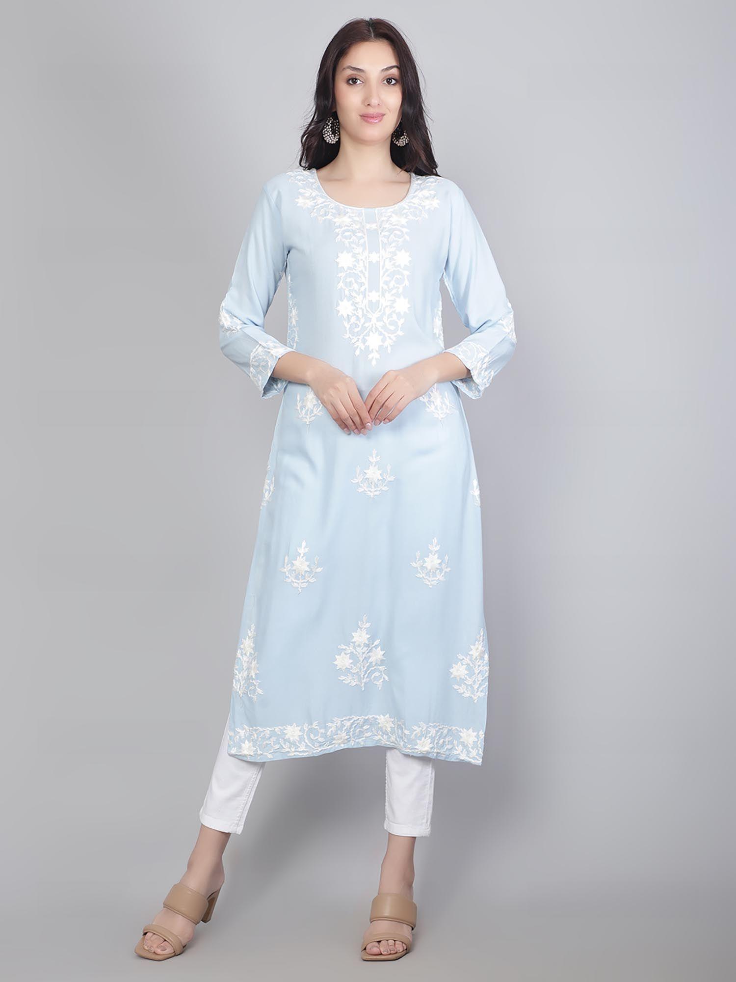 blue rayon lucknowi chikankari work straight kurta