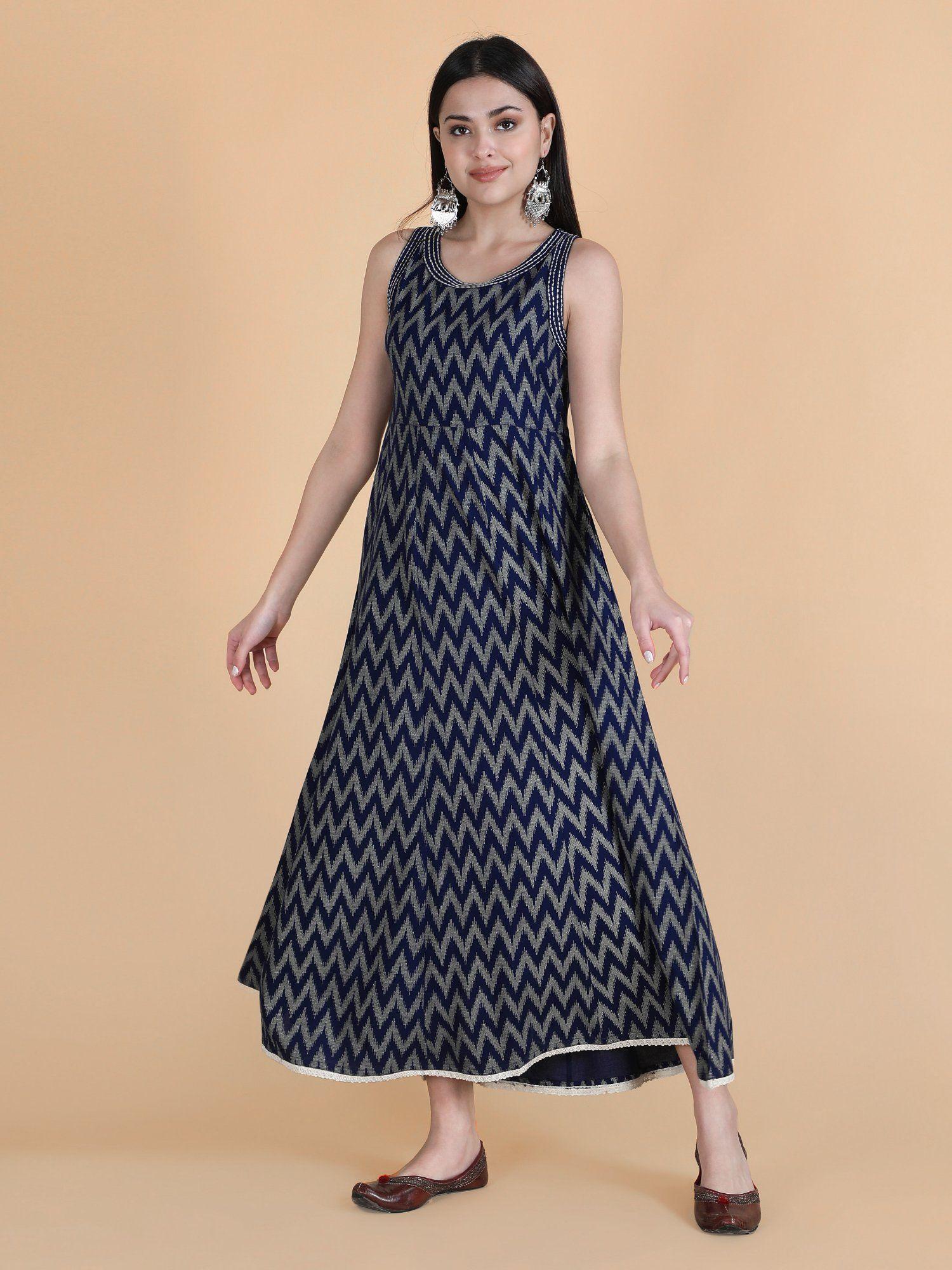 blue rayon printed flared dress