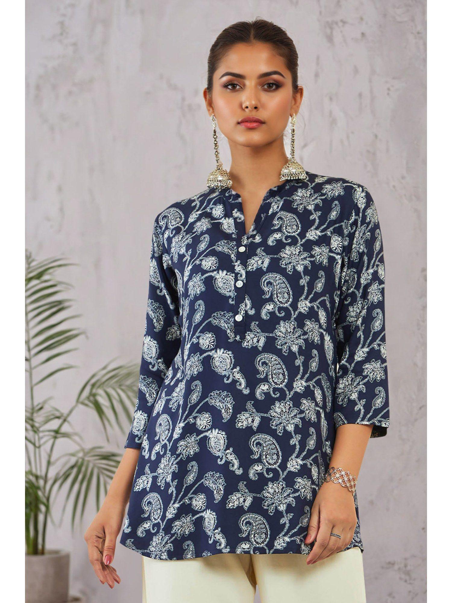 blue rayon tunic with floral and paisley print