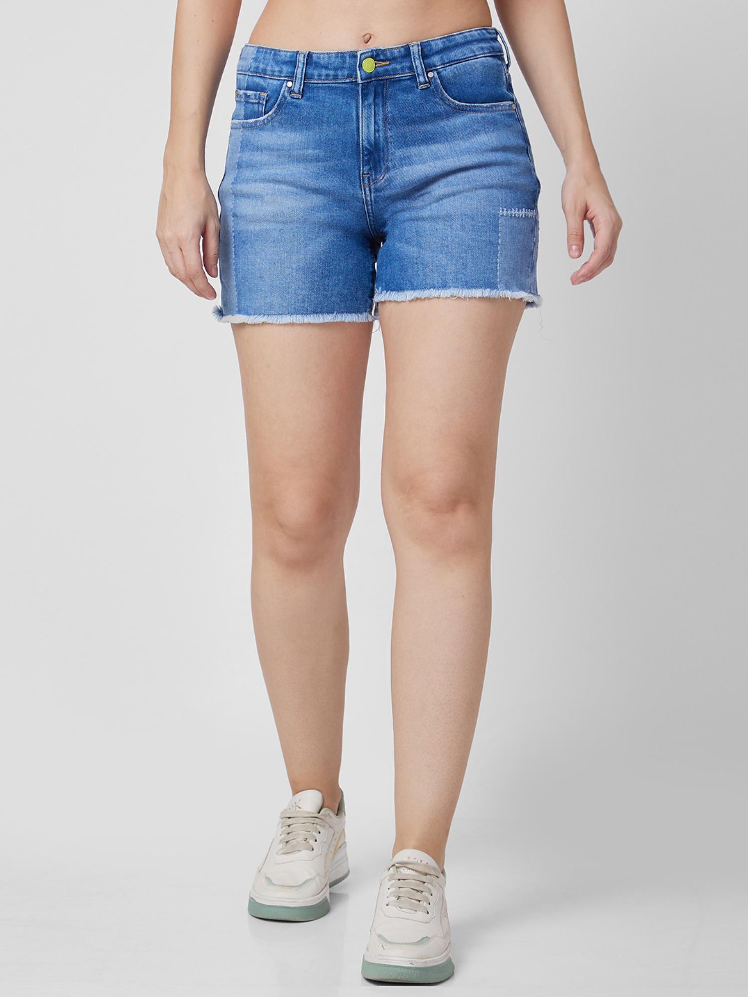 blue regular fit mid blue shorts for women