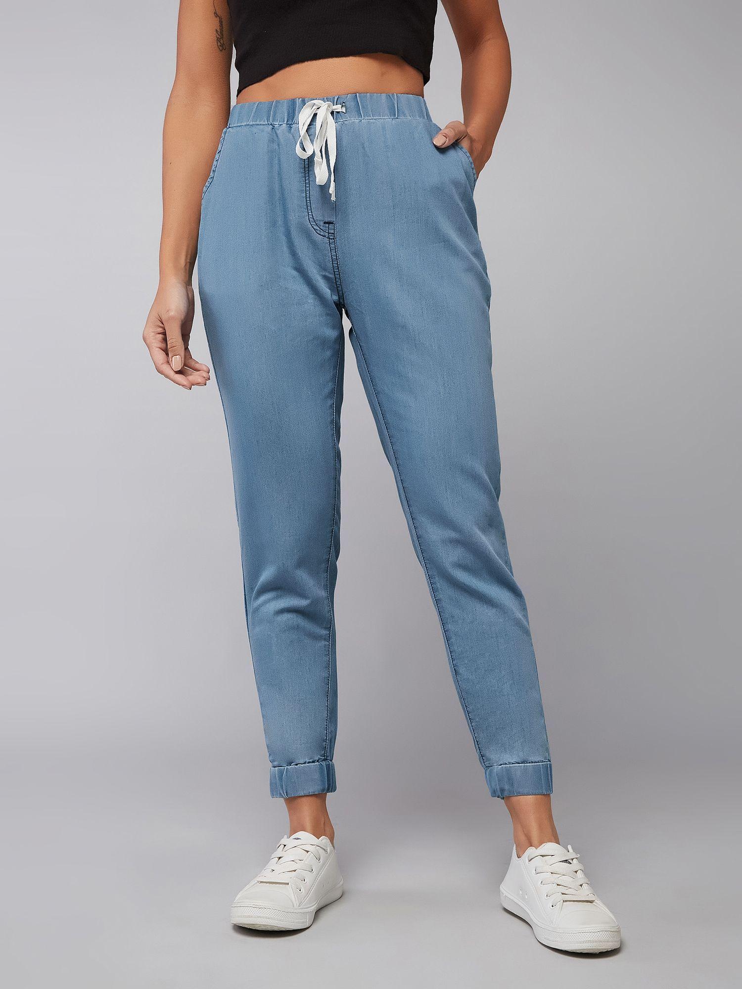 blue regular fit mid rise non-stretchable denim joggers