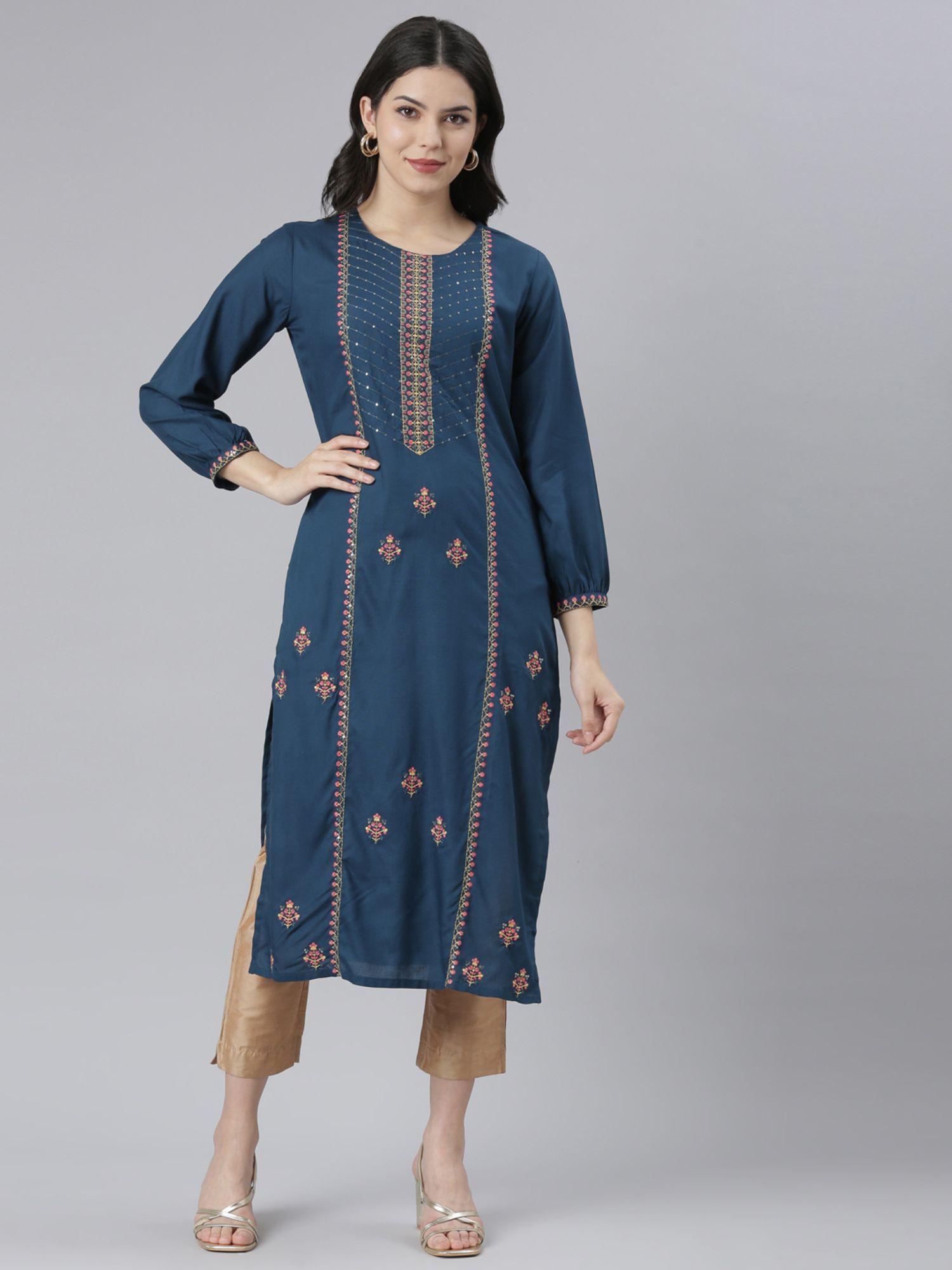 blue regular straight floral kurta