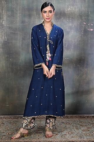 blue resham embellished kurta set