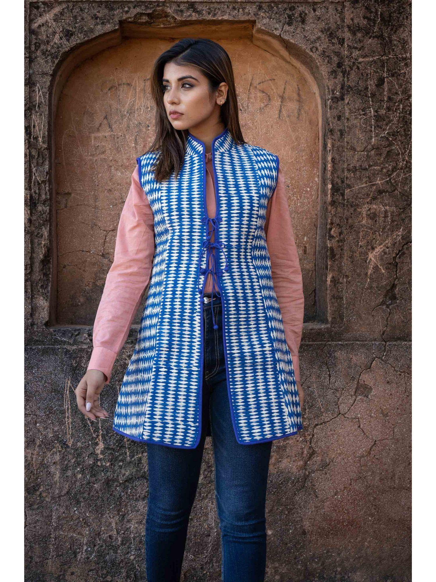 blue reversible quilted sleeveless jacket