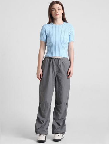 blue ribbed fitted pullover