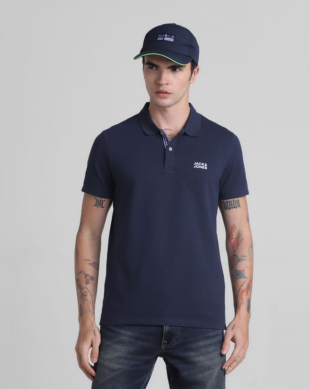 blue ribbed sleeves polo t-shirt