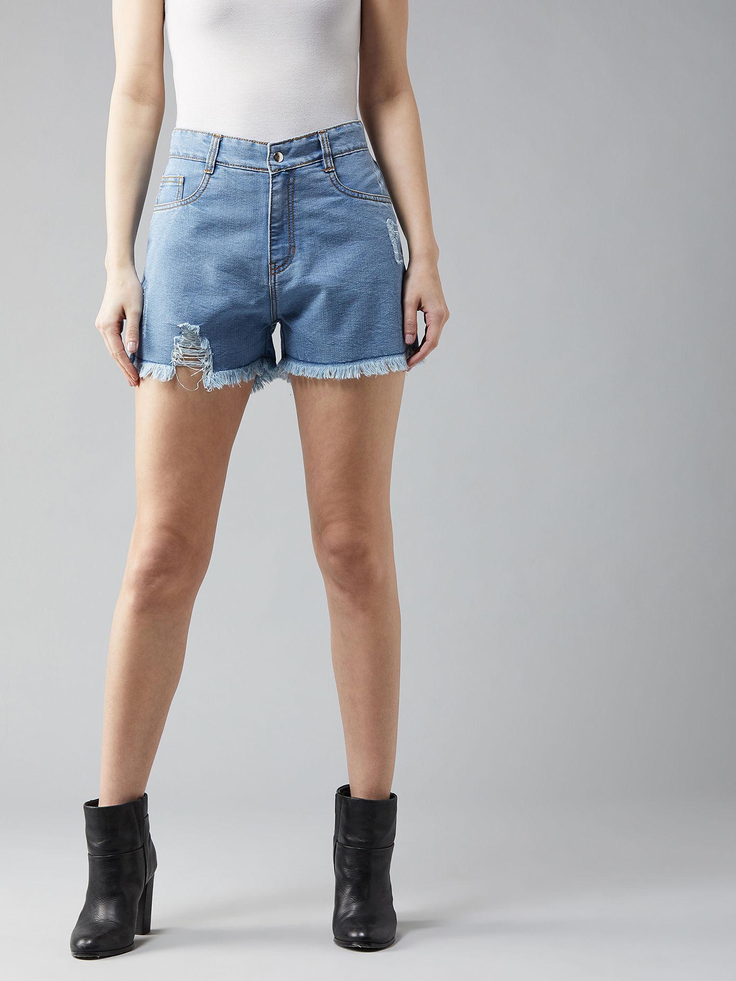 blue ripped denim shorts