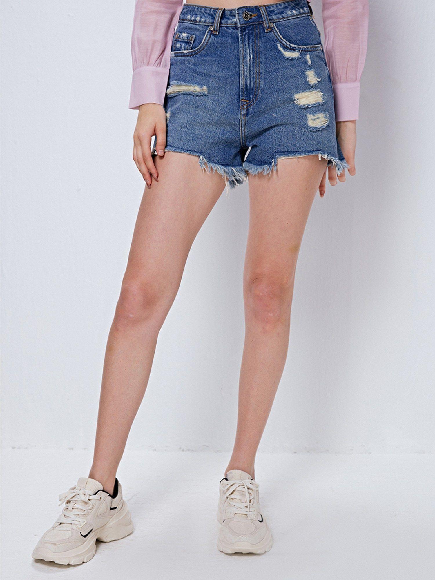 blue ripped denim shorts