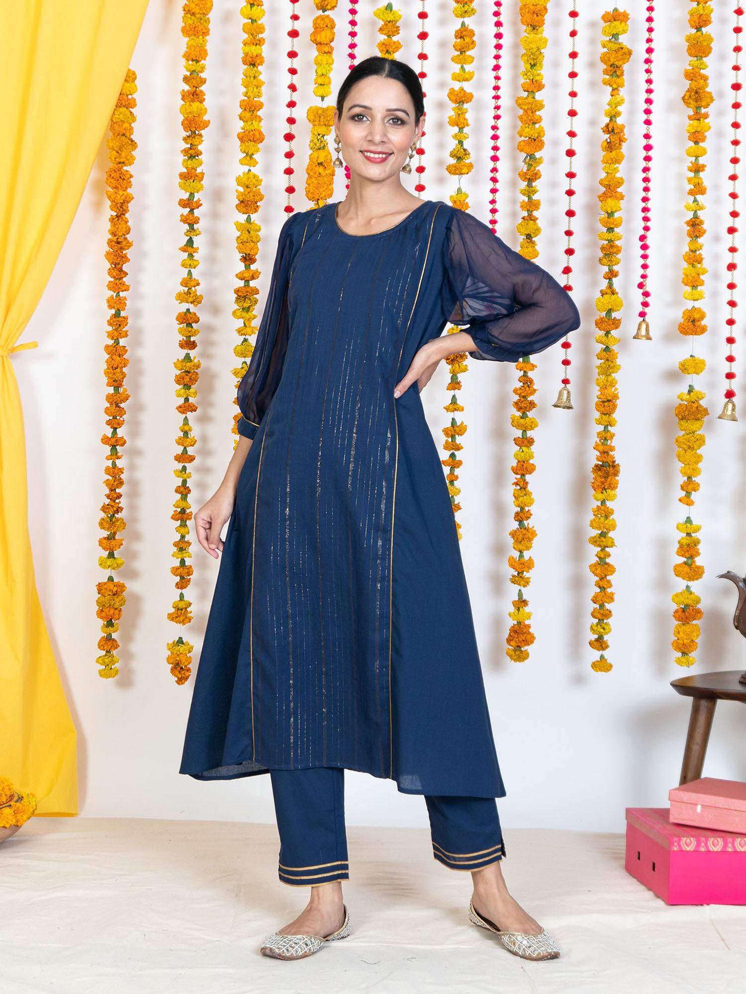 blue round neck, puffed chiffon sleeves kurta