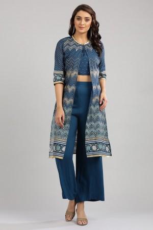 blue round neck embellished kurta set