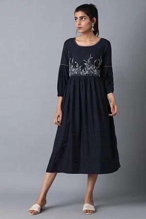 blue round neck gathered dress