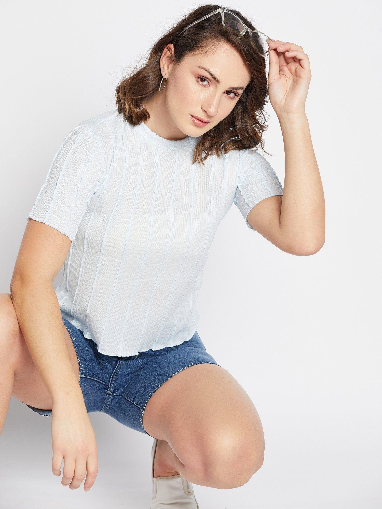 blue round neck half sleeves crop tops