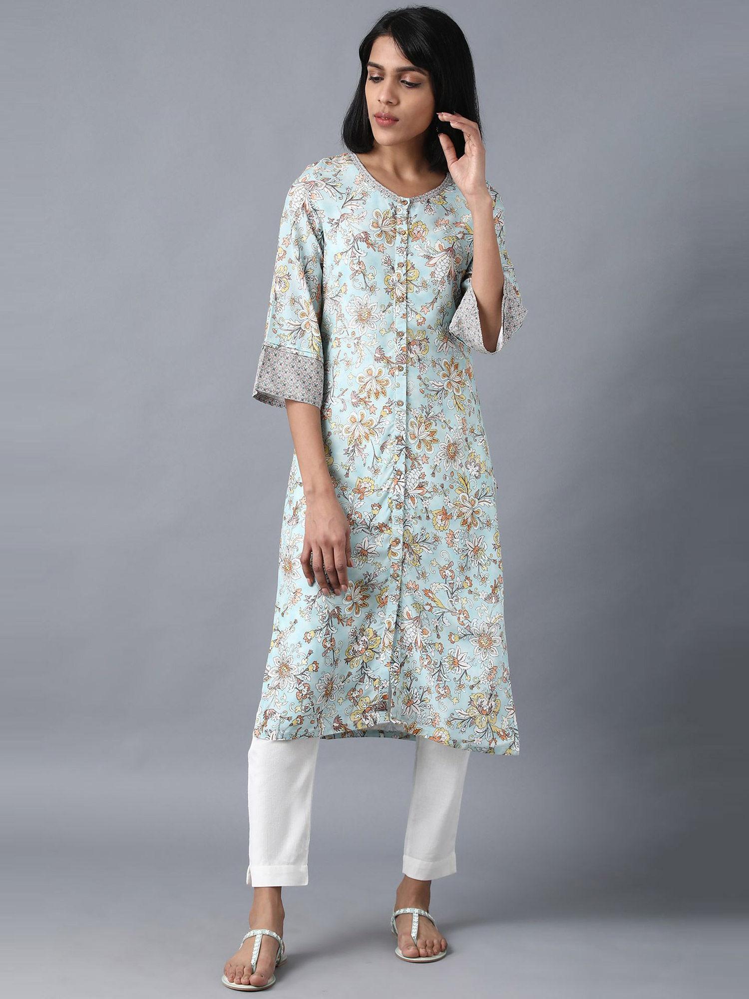 blue round neck printed kurta