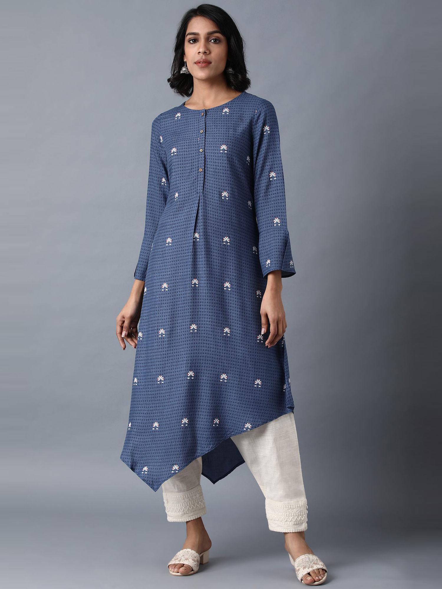 blue round neck printed kurta