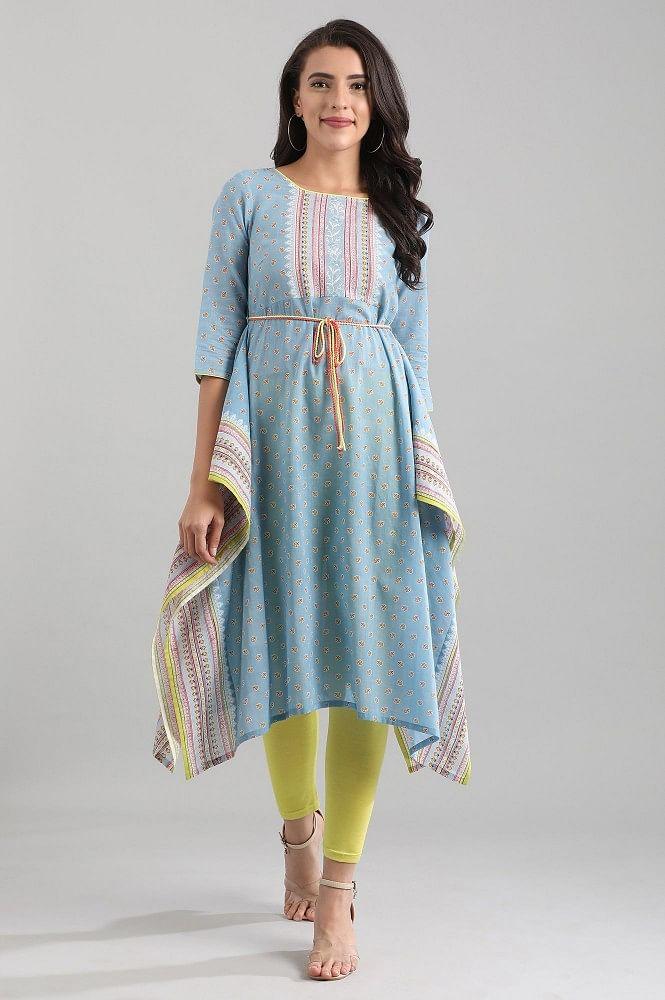 blue round neck printed kurta