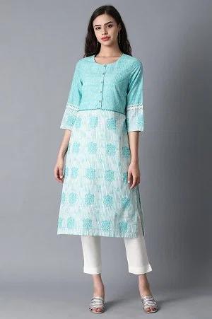 blue round neck printed kurta