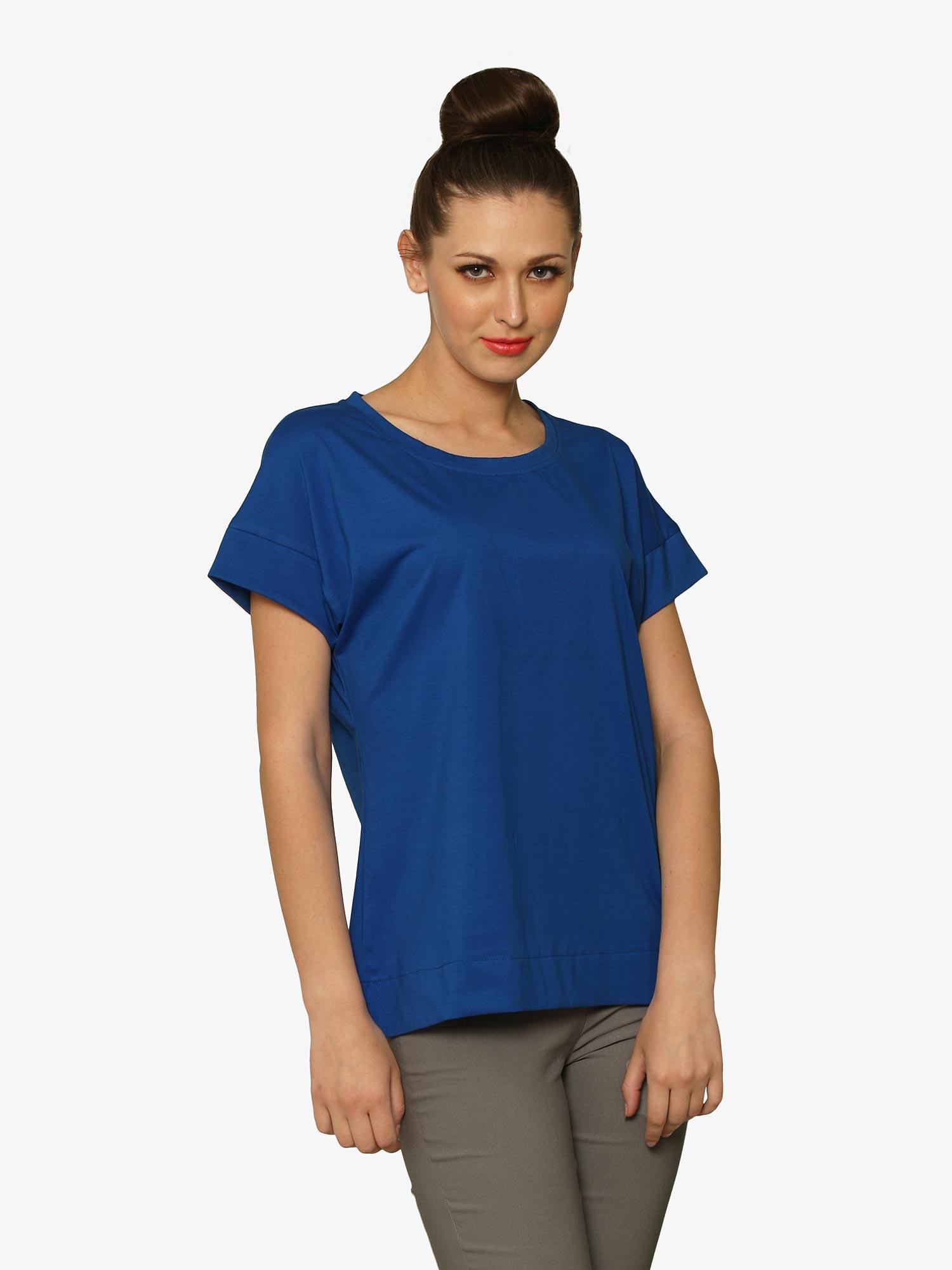 blue round neck short sleeves basic solid top