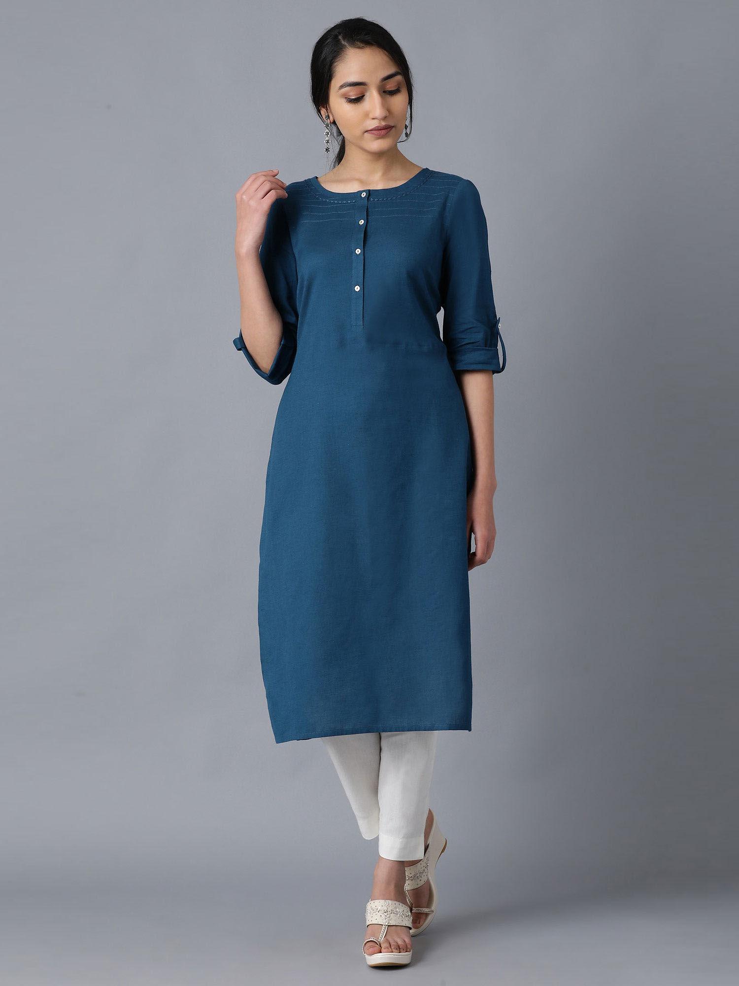 blue round neck solid kurta