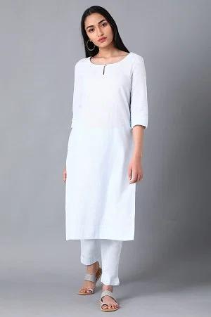 blue round neck solid kurta