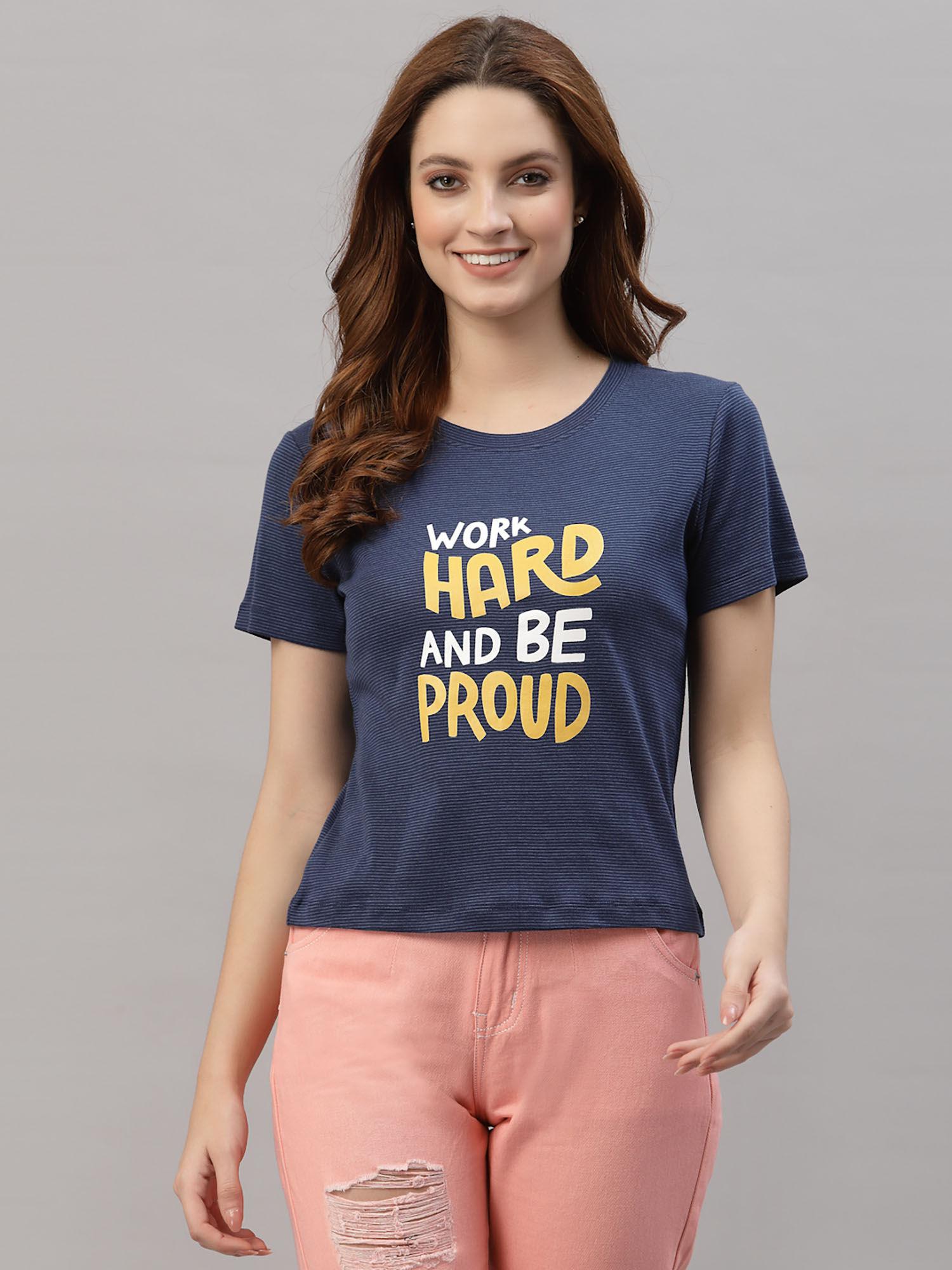 blue round neck striper printed t-shirt
