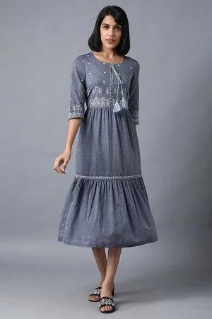 blue round neck tiered dress