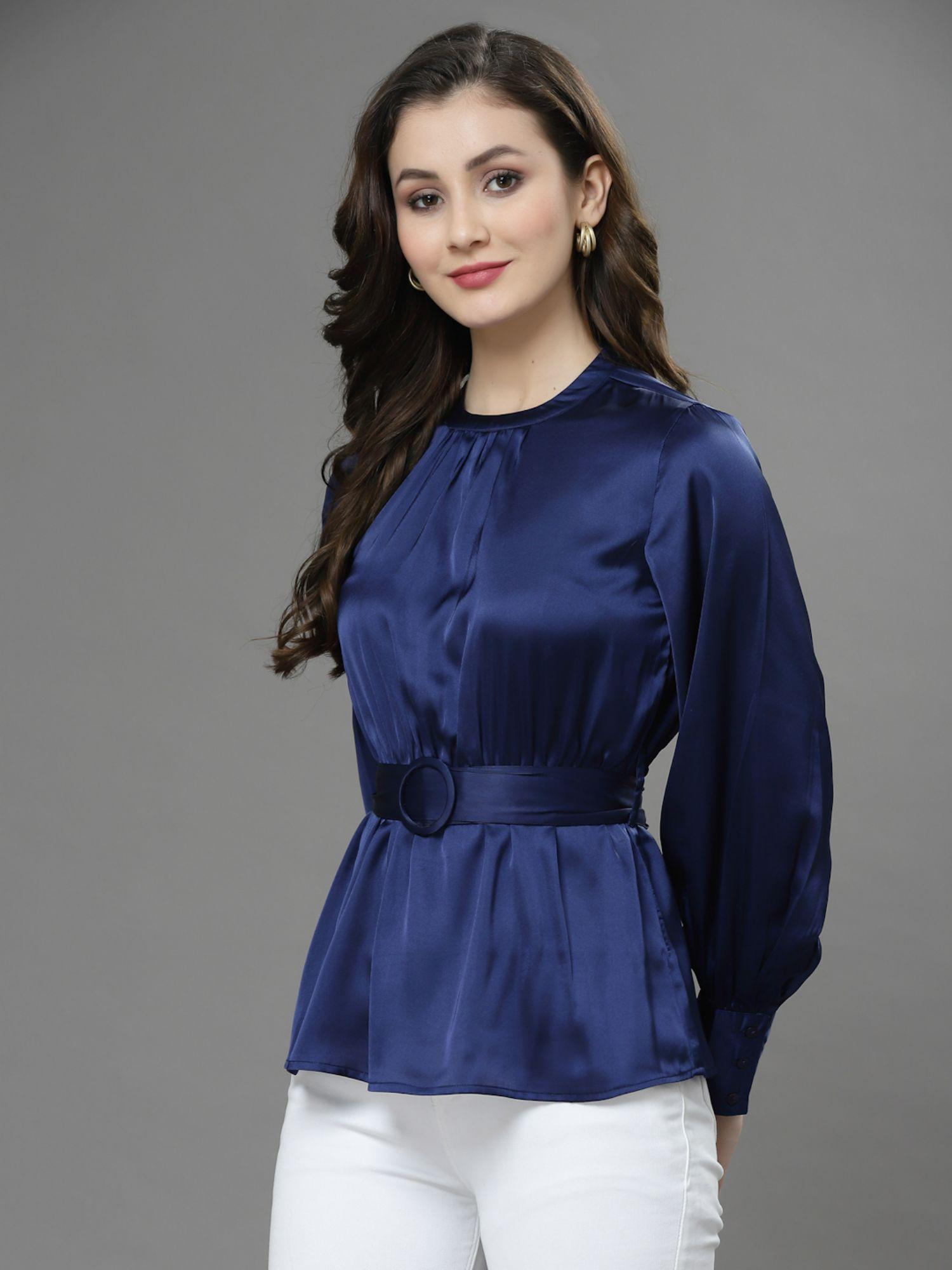 blue round neck waist belt feminine frills top (set of 2)