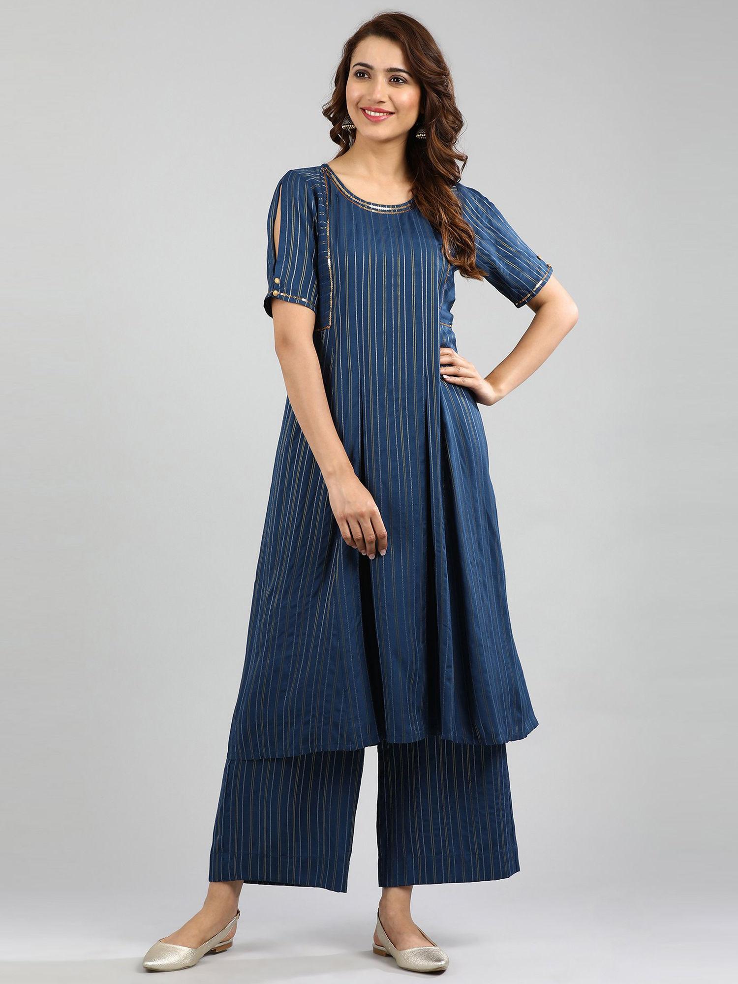 blue round neck yarn-dyed kurta