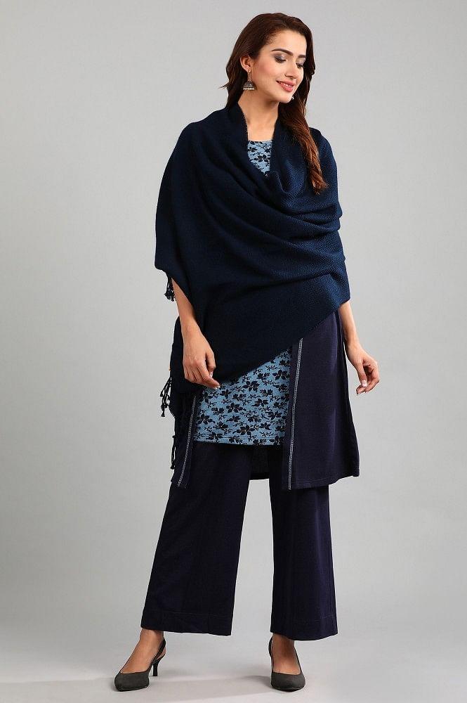 blue round neck yarn-dyed winter kurta