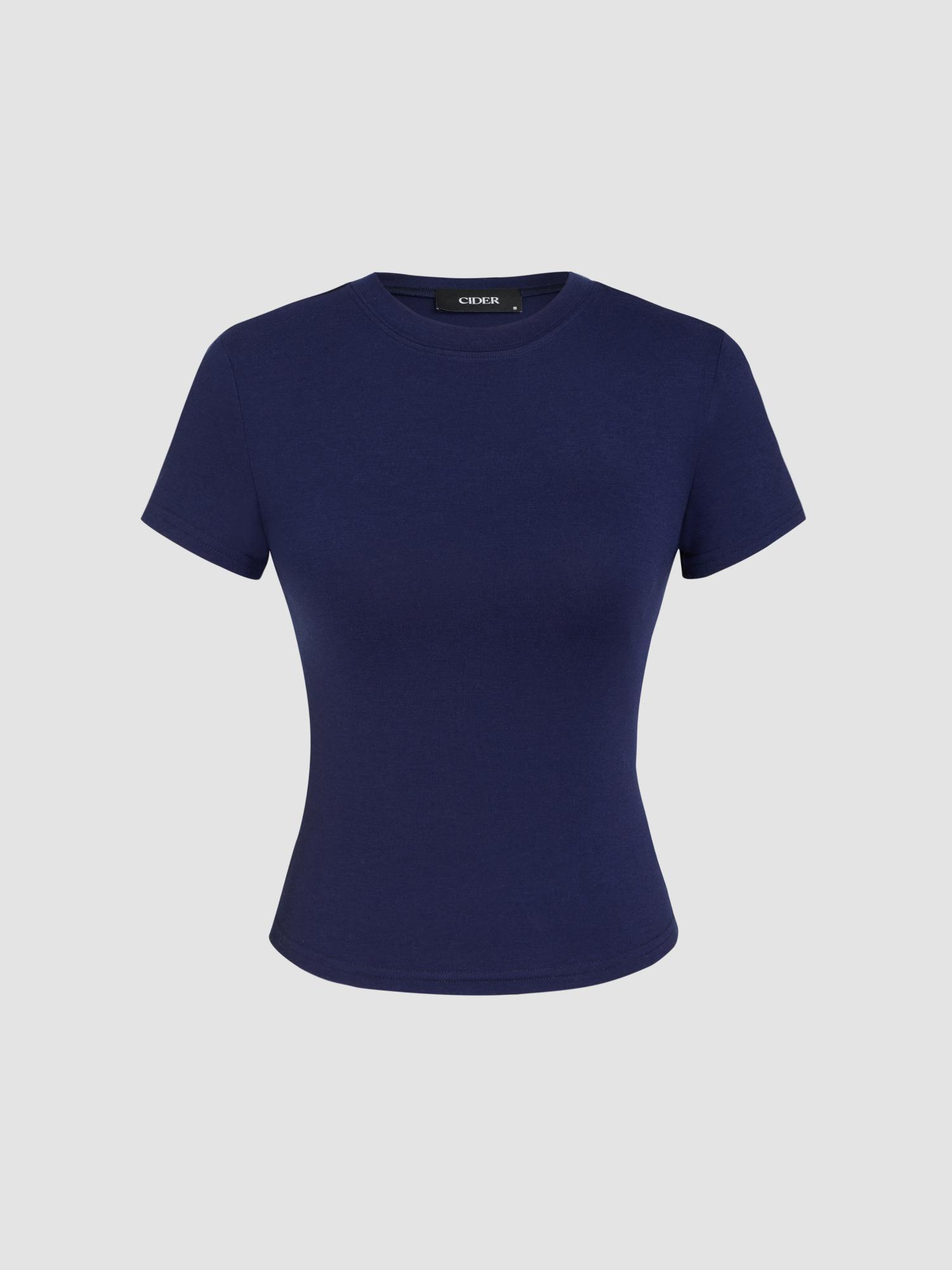 blue round neckline knit short sleeve tee