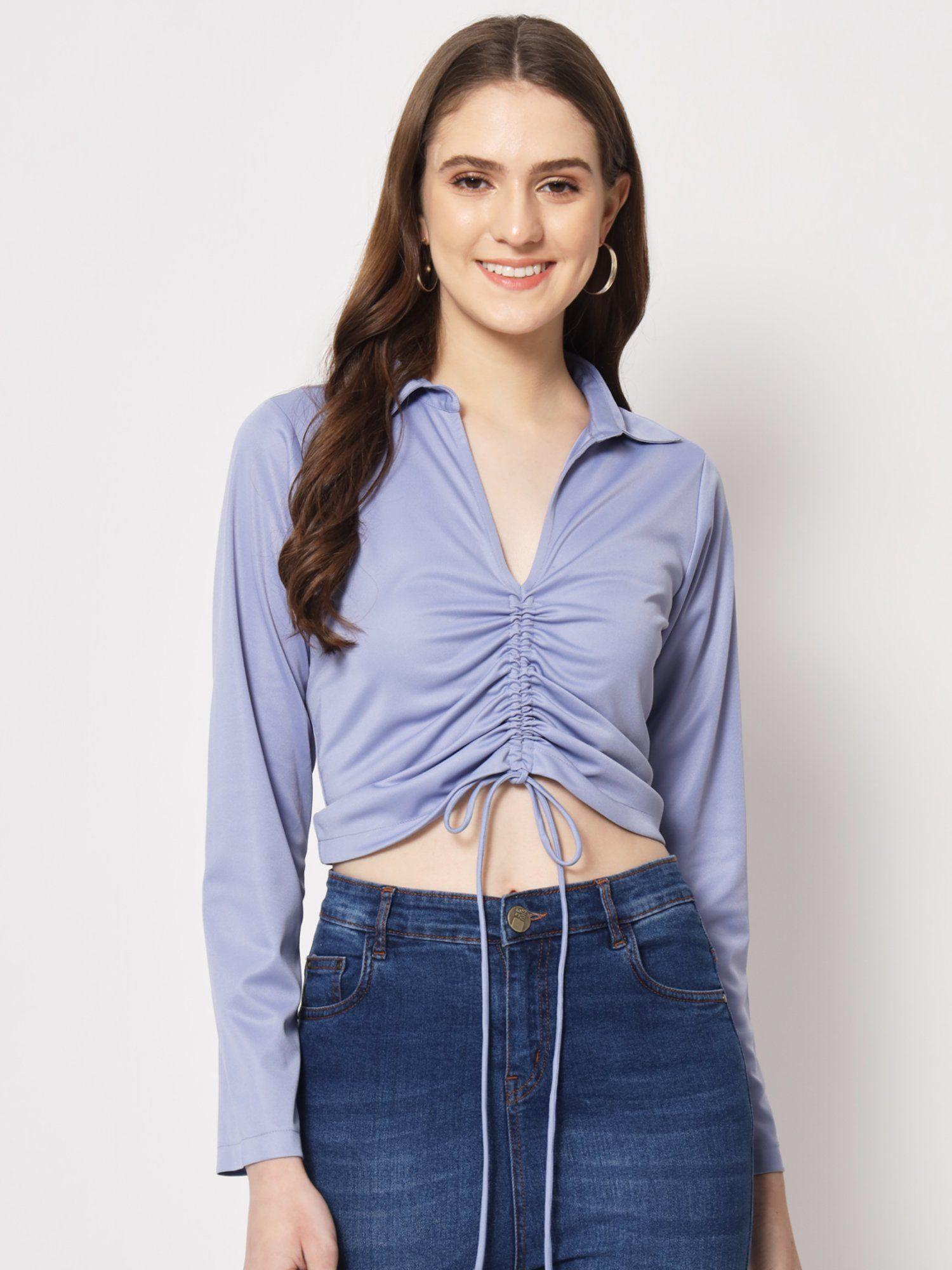 blue ruched collar top