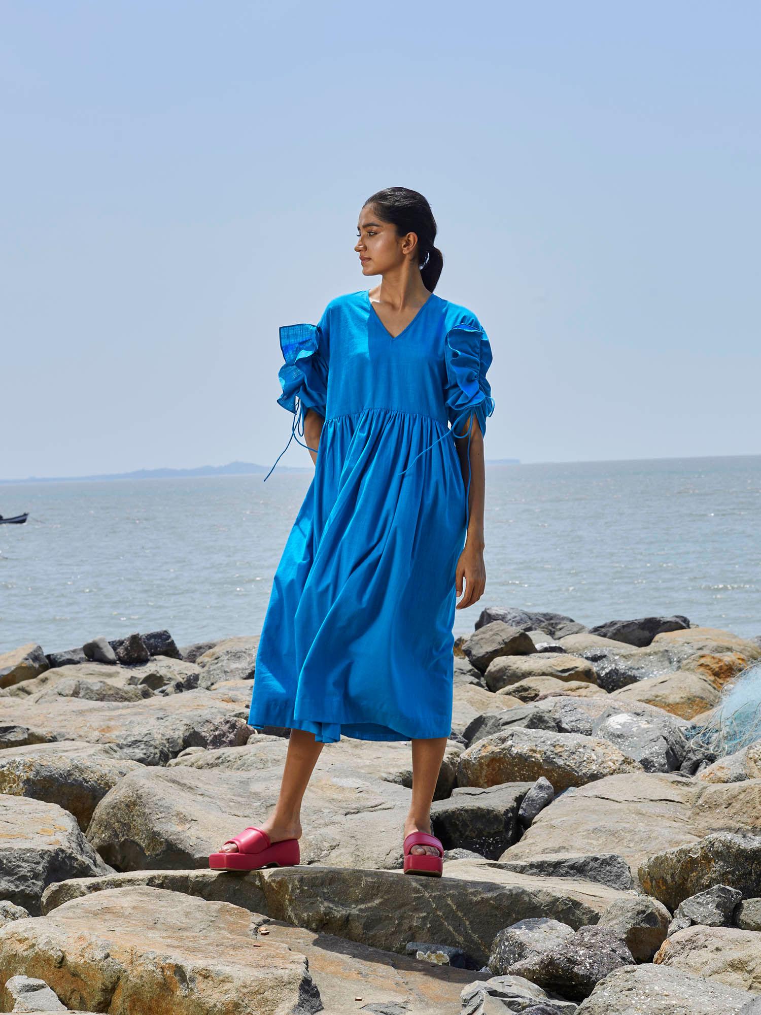 blue ruffle sleeve dress