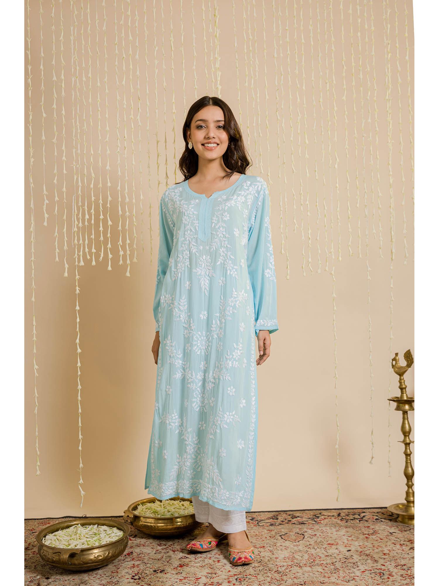 blue samma chikankari long kurta in modal cotton for women