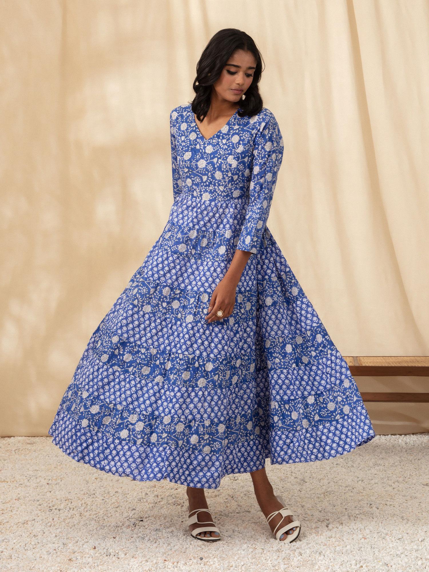 blue sanaganeri print play tiered dress with belt likdrs19