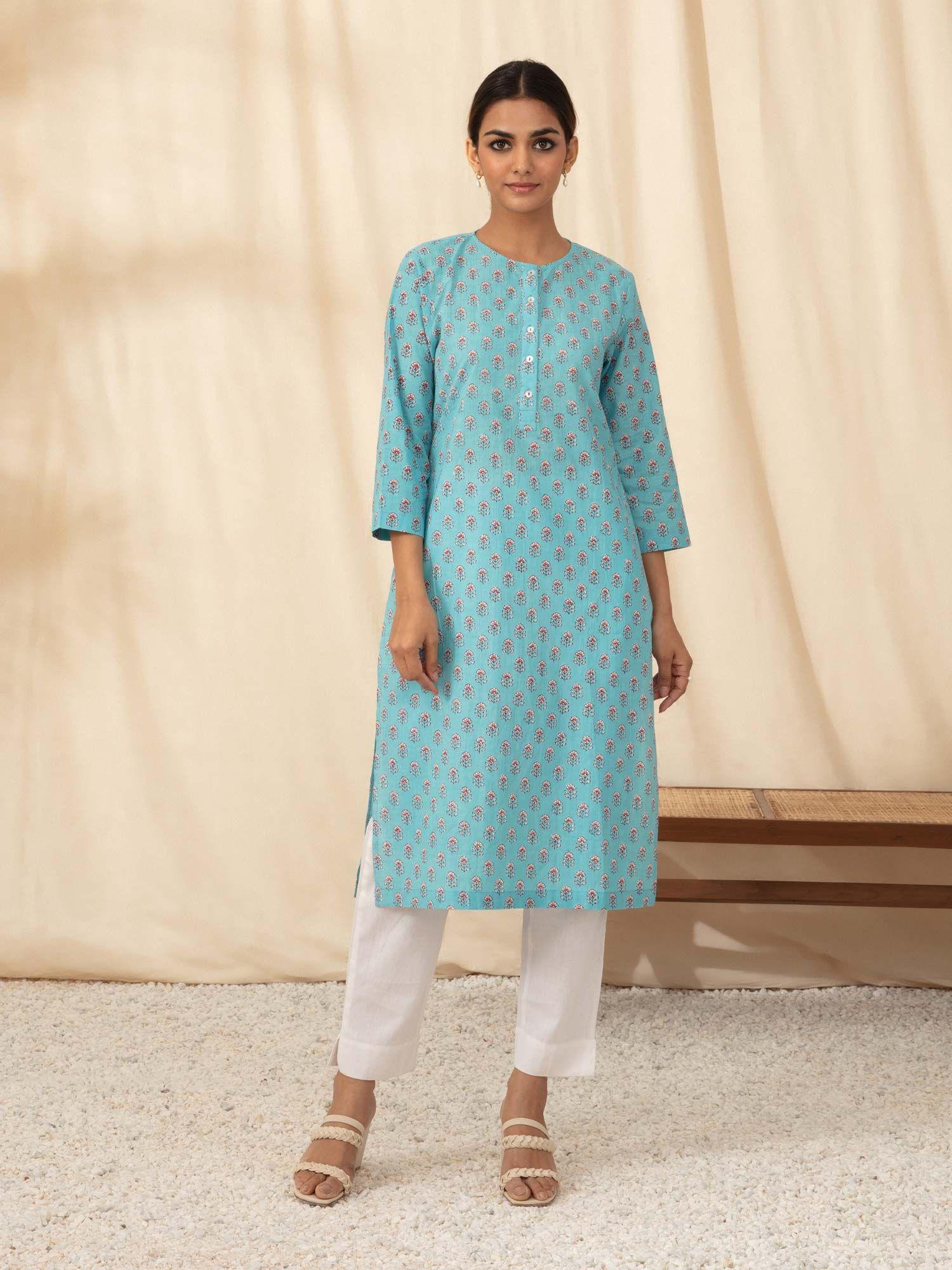 blue sanganeri printed light cotton kurta likkur86