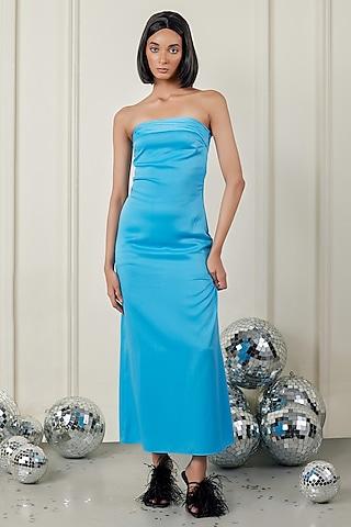 blue satin a-line tube maxi dress