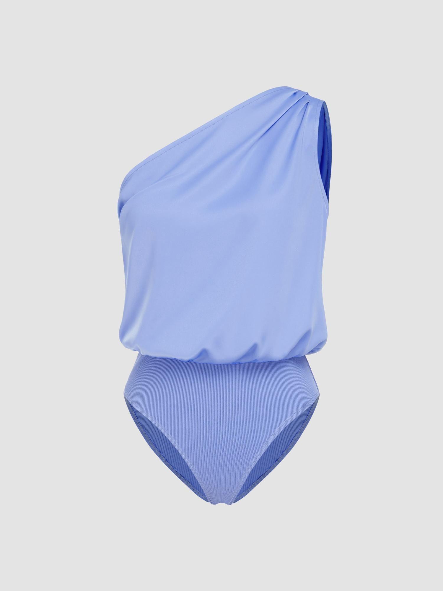 blue satin asymmetrical neck solid bodysuit