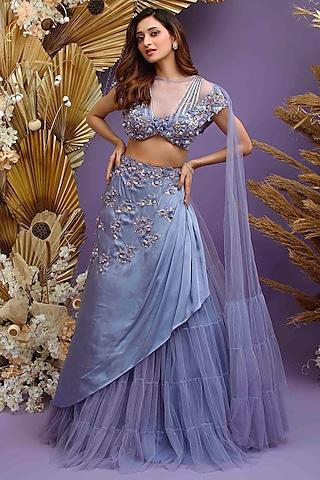 blue satin georgette hand embroidered lehenga set