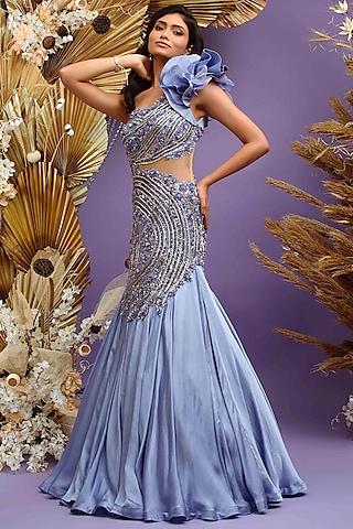 blue satin georgette hand embroidered ruffled gown
