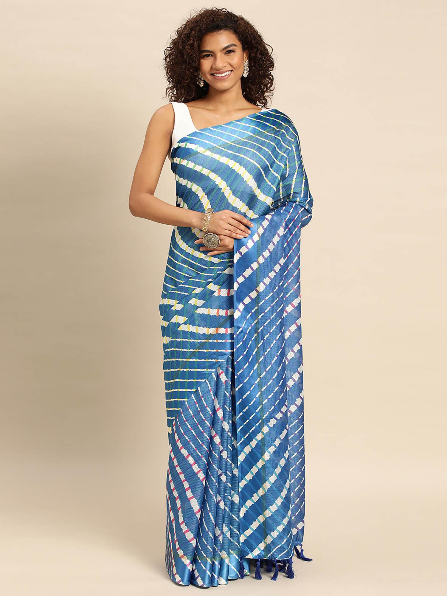 blue satin kota batik print saree with unstitched blouse