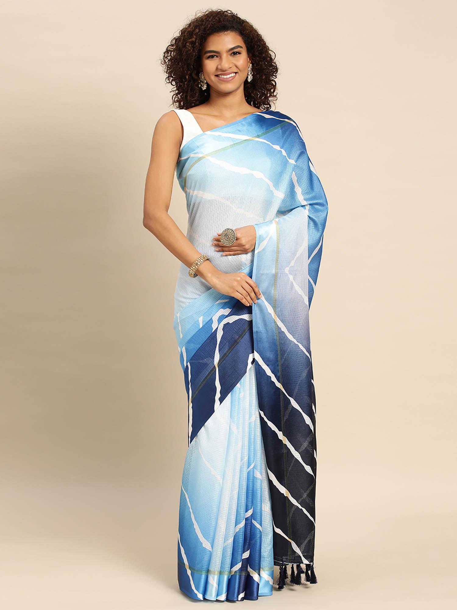 blue satin kota batik print saree with unstitched blouse