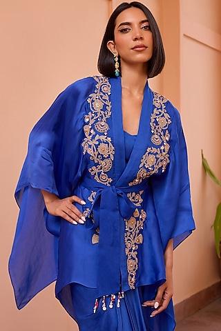 blue satin organza tilla embroidered kimono top