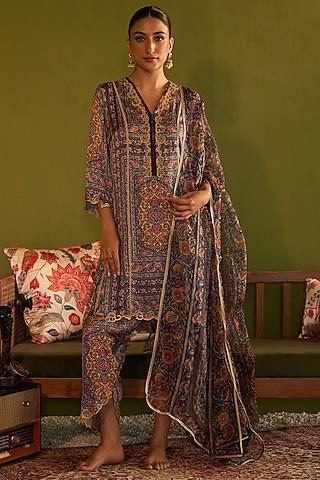 blue satin silk printed & zari embroidered tunic set