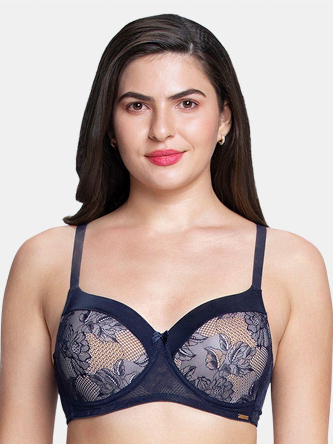 blue satin touch lace padded non-wired full coverage lace bra - bra87901