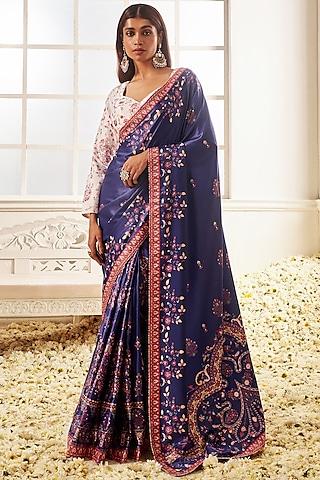 blue satin velvet floral printed saree set