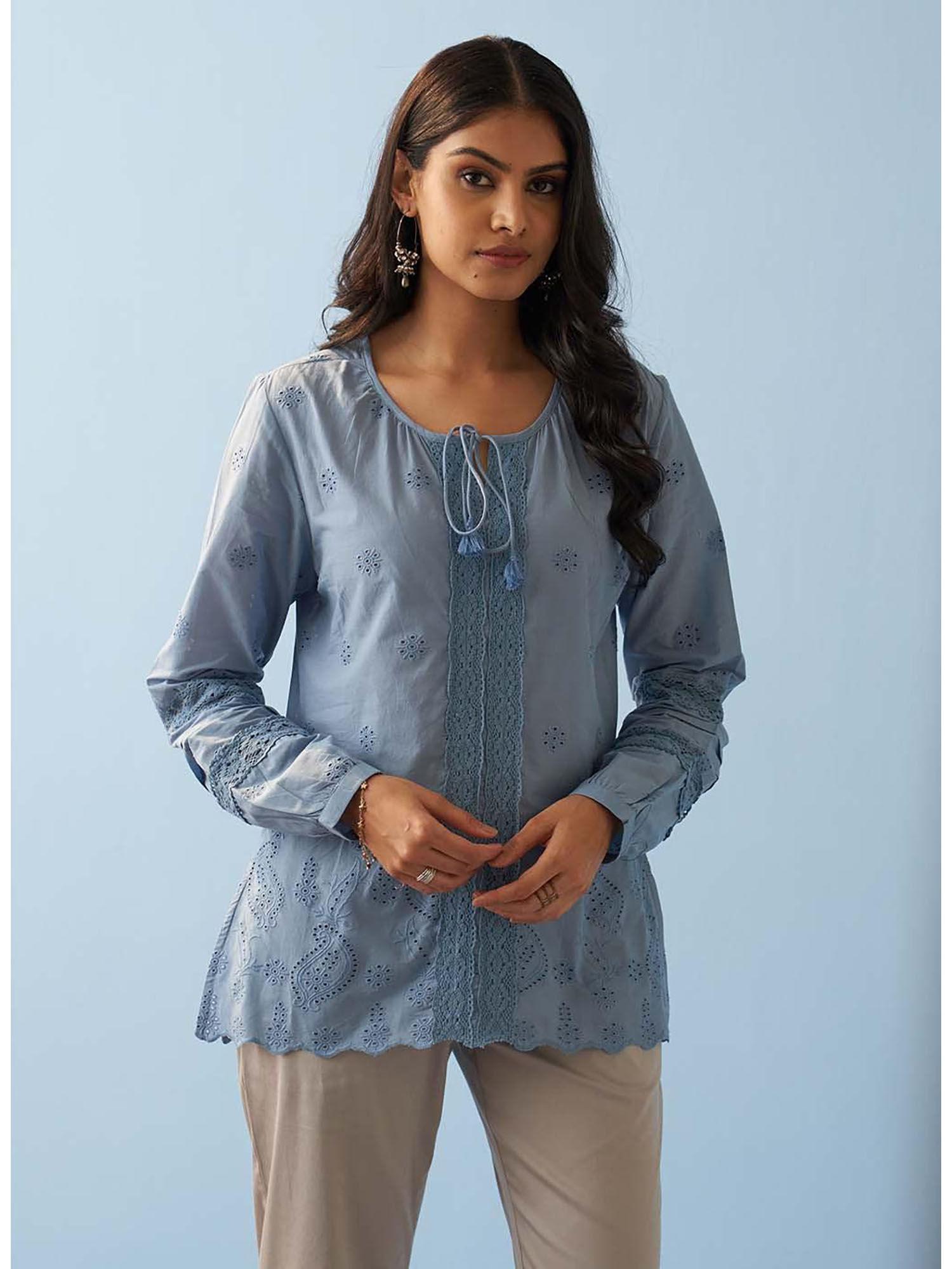 blue schiffli embroidered tunic with lace insert