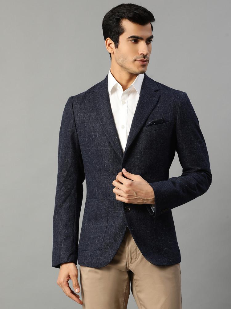 blue self-design collar blazer