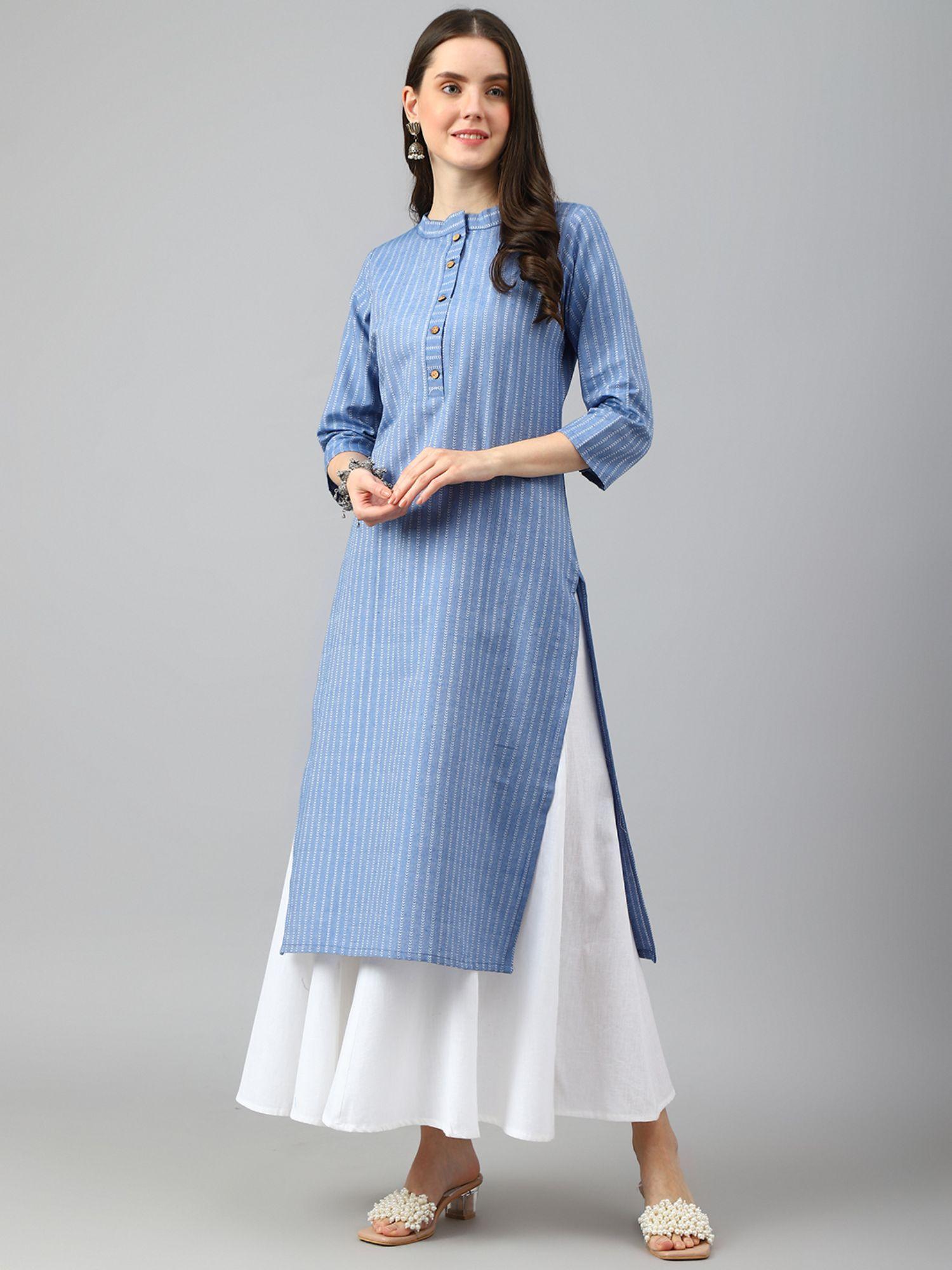 blue self design cotton blend kurti