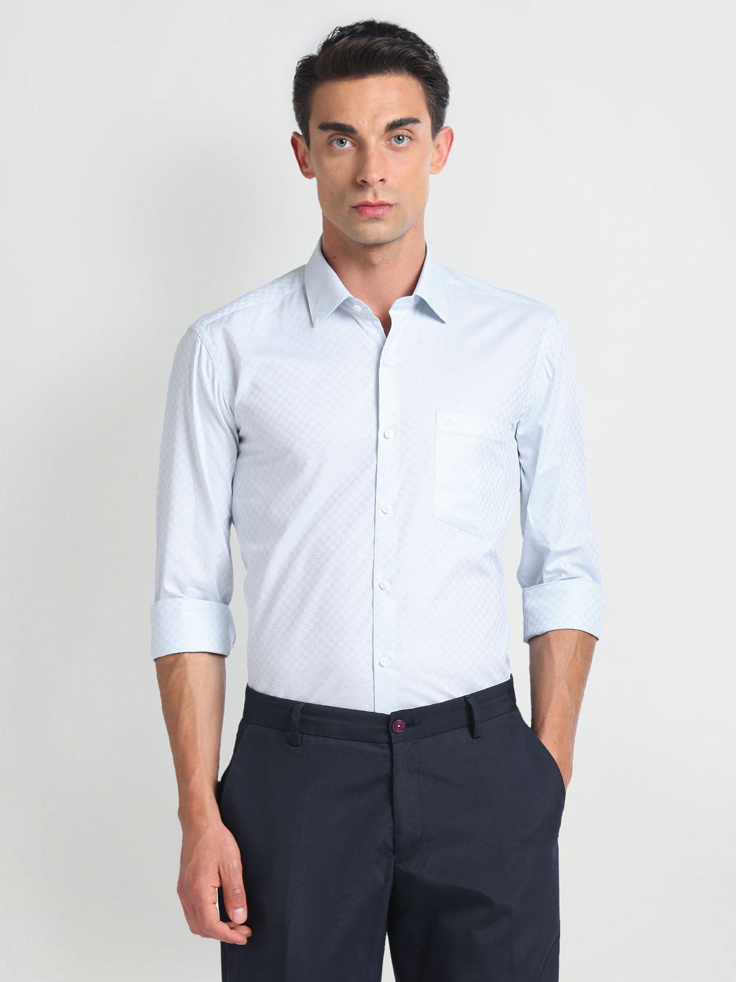 blue self design twill slim formal shirt