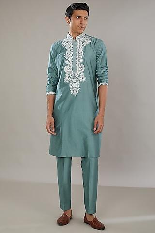 blue semi raw silk embroidered kurta set